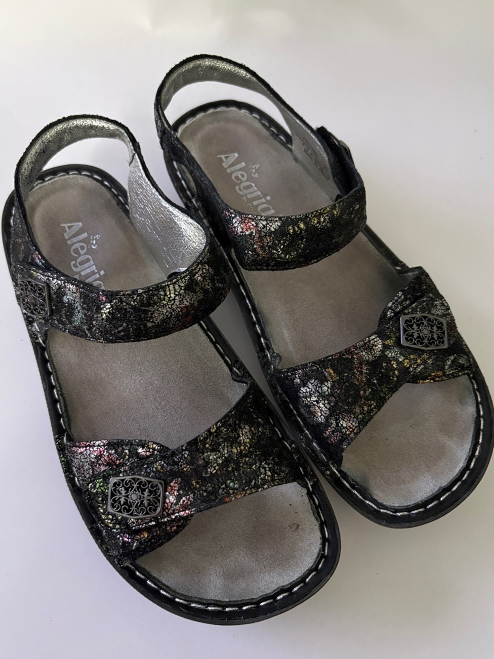 Alegria Women’s Black Metallic Multi-Color Strap Sandals